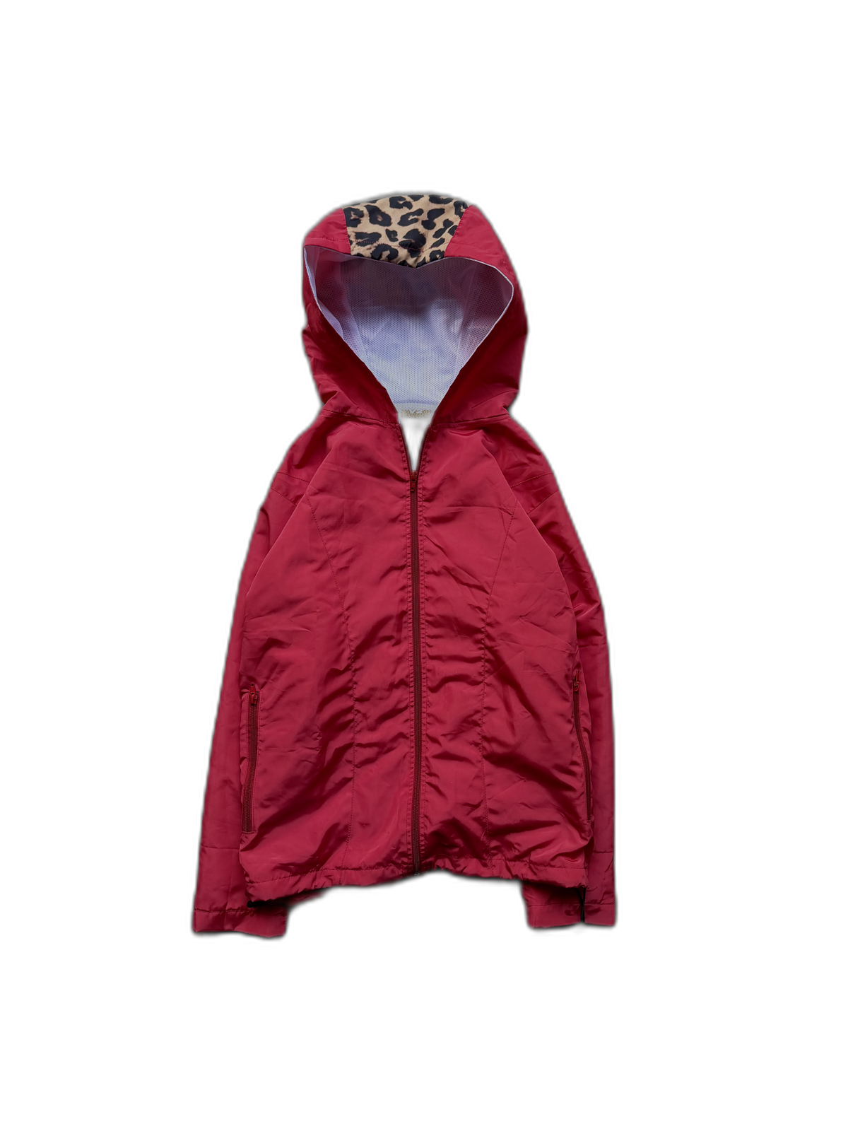 Rainline windbreaker, red, front view with cheetah hood lining