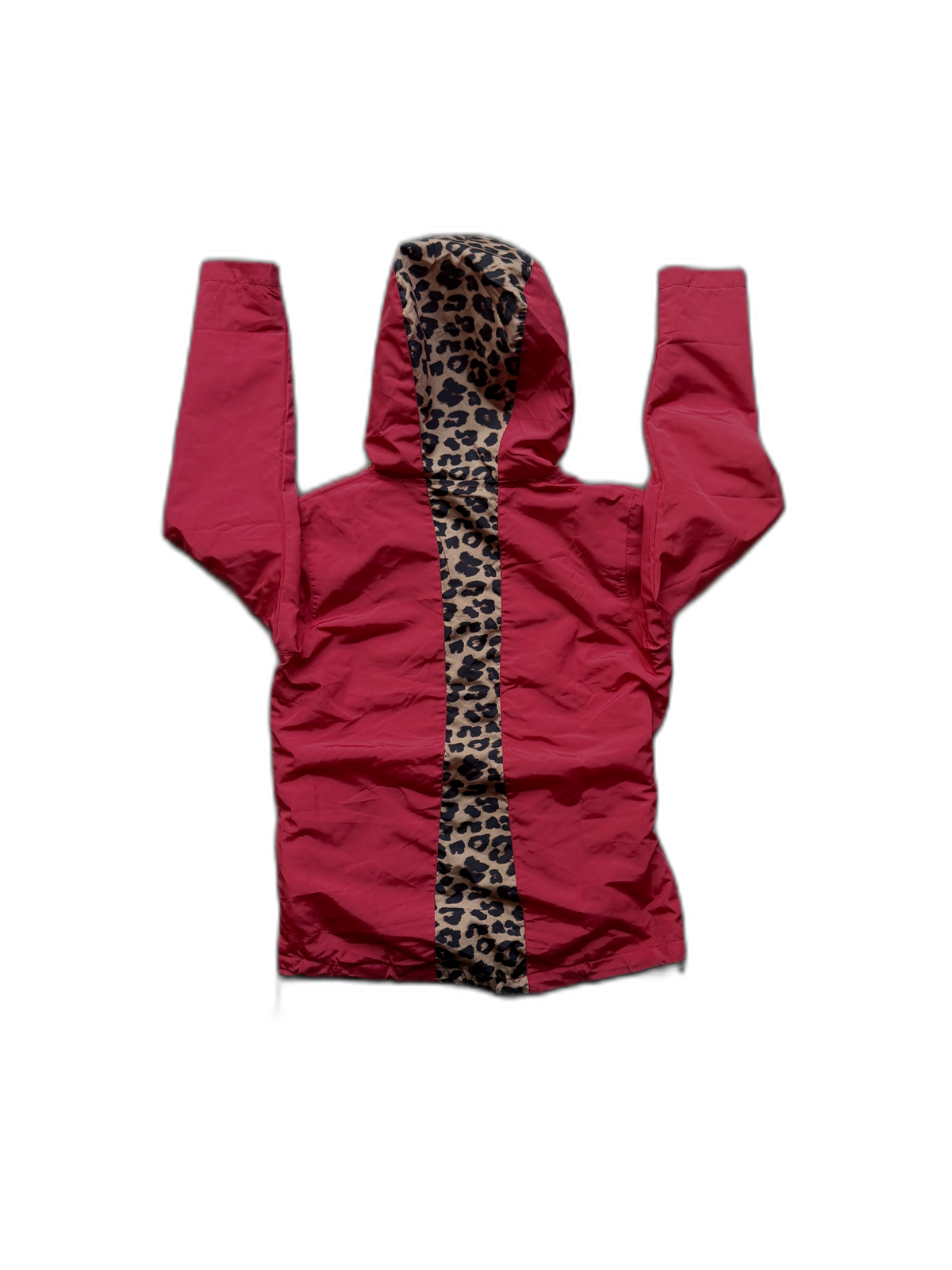 Rainline windbreaker, red, back view with cheetah center stripe
