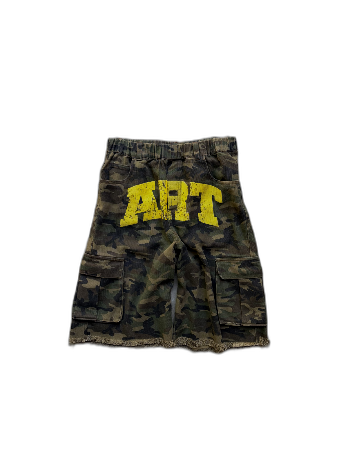 Art shorts, camo with yellow ART graphic