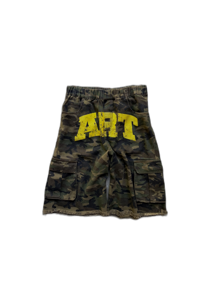 Art shorts, camo with yellow ART graphic