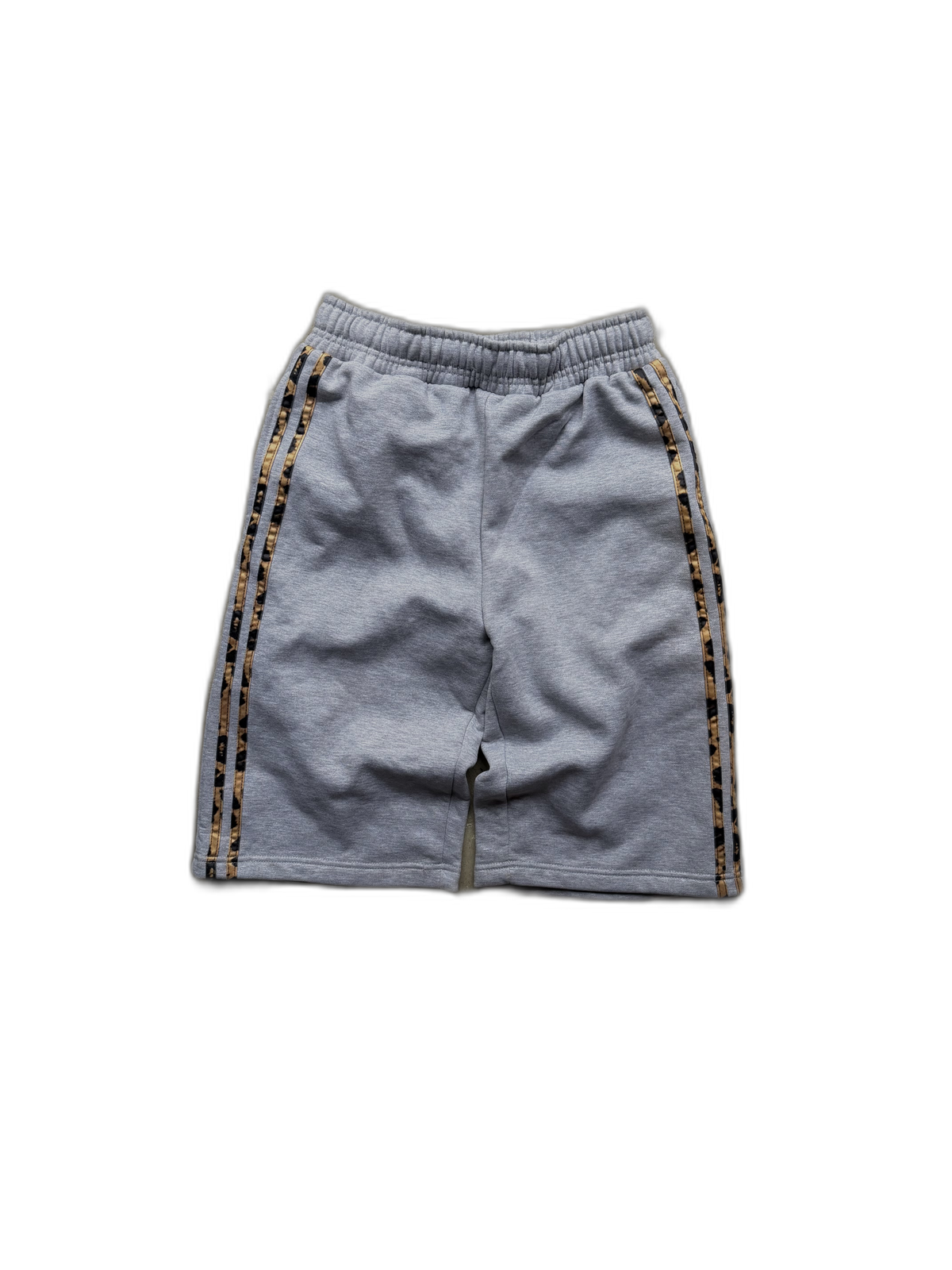Grey Noire shorts with cheetah-trim side stripes