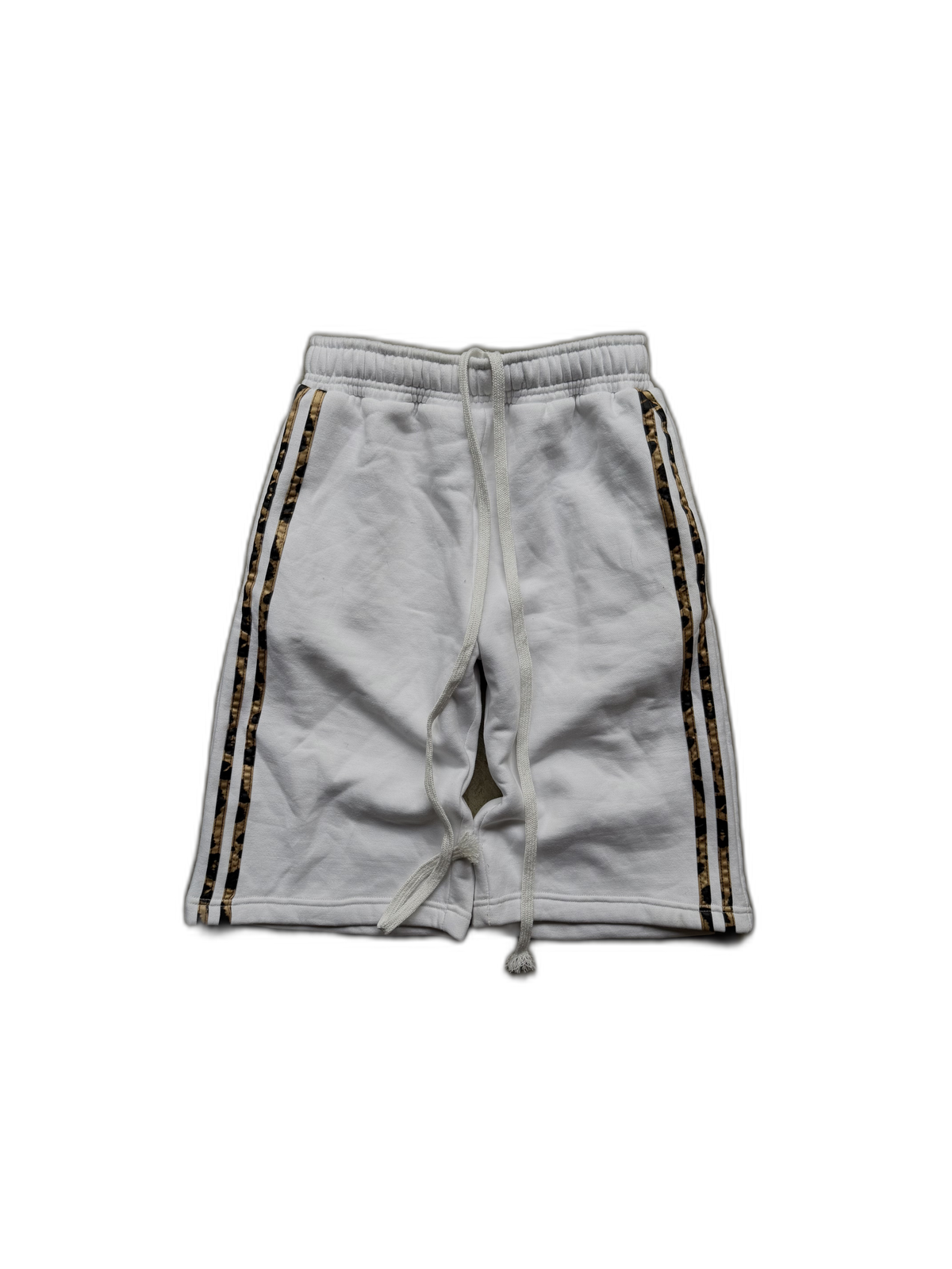 White Noire shorts with cheetah-trim side stripes