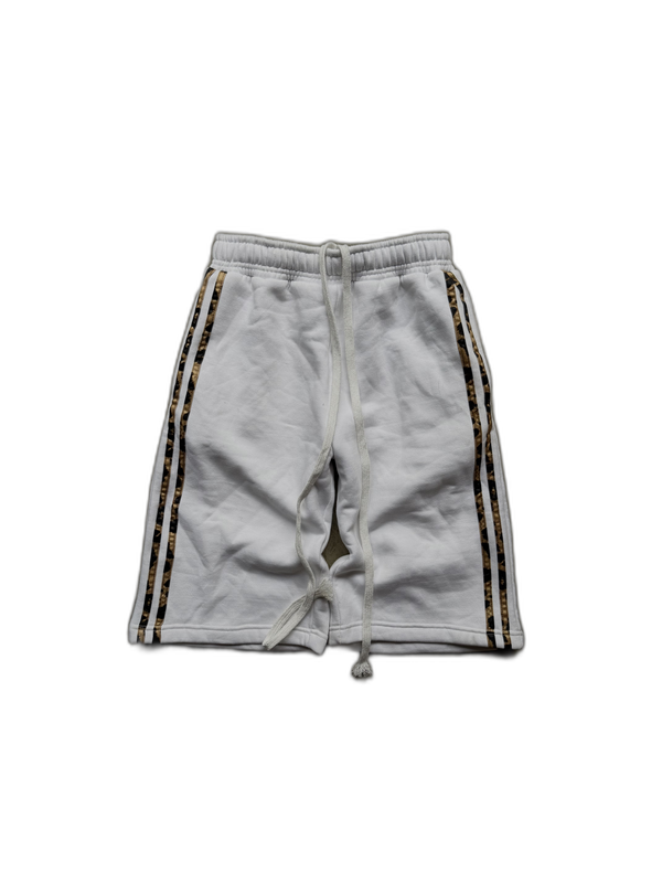 White Noire shorts with cheetah-trim side stripes